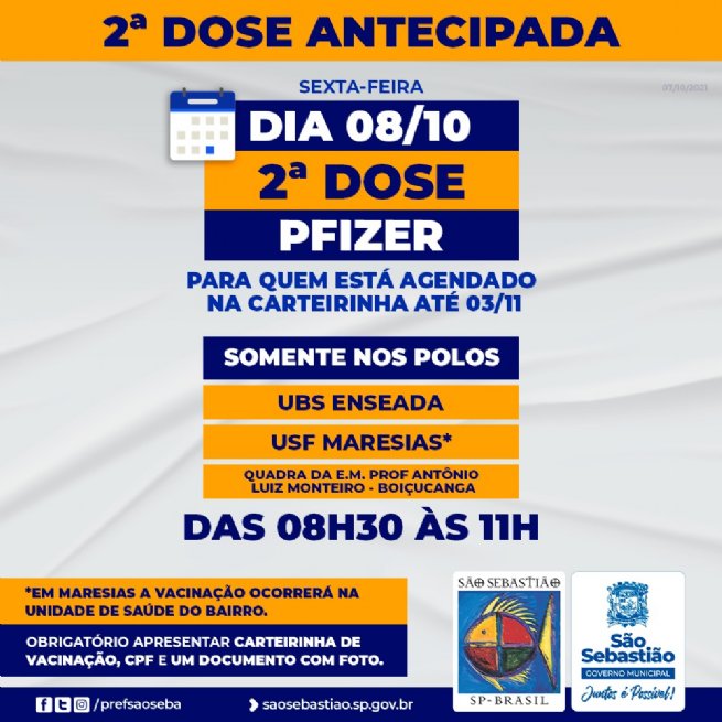 Foto: Imunizados com Pfizer e com segunda dose agendada até 3 de novembro terão vacinação antecipada para esta sexta-feira (8) 