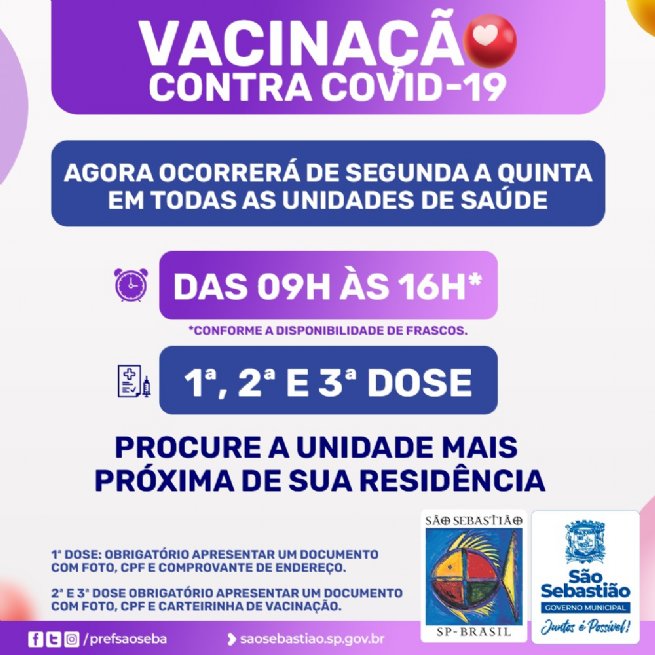 Foto: Vacina contra a Covid-19 passa a ser aplicada de segunda a quinta-feira nas Unidades de Saúde da Família  
