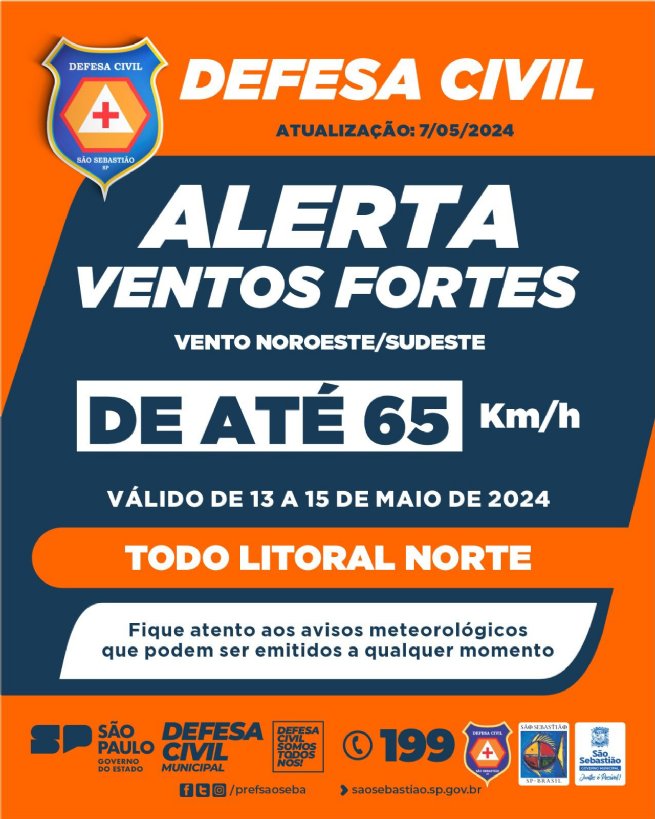 Foto: Defesa Civil de São Sebastião alerta para ventos de até 65km/h