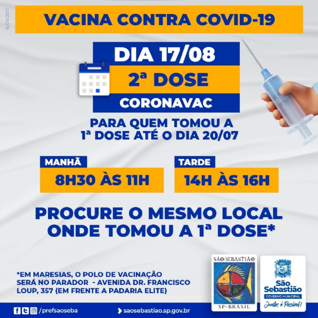 Foto: Nesta terça-feira (17) terá repescagem de segunda dose para vacinados até 20 de julho com Coronavac