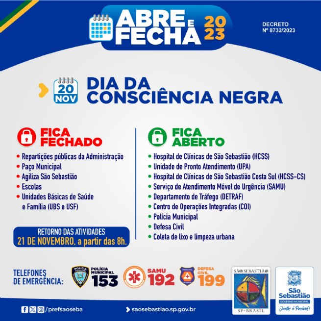 Foto: Confira o abre e fecha nas repartições públicas de São Sebastião no feriado da Consciência Negra