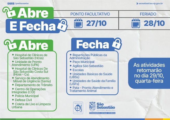 Foto: Confira o que abre e fecha no feriado do Servidor Público em São Sebastião 