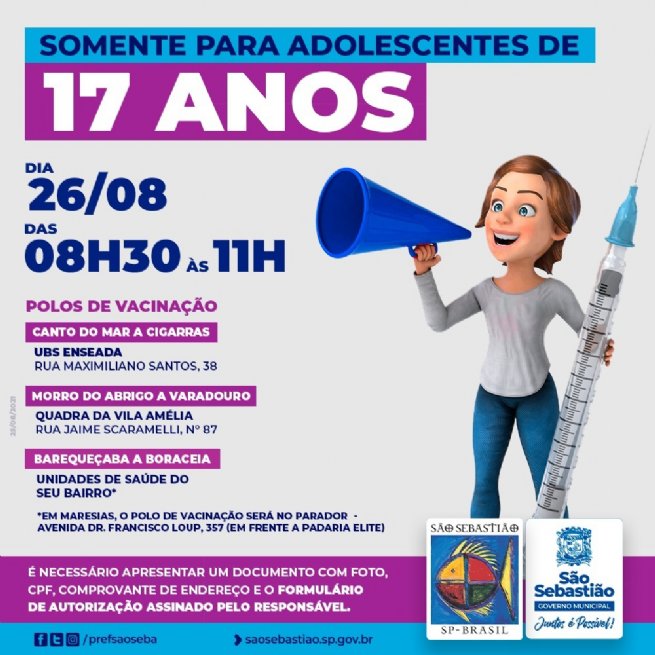 Foto: São Sebastião vacina contra Covid-19 adolescentes de 17 anos nesta quinta-feira (26)