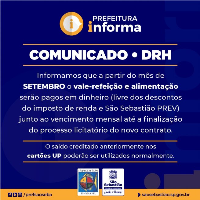 Foto: Vale-refeição e alimentação serão creditados na conta dos colaboradores municipais a partir de setembro